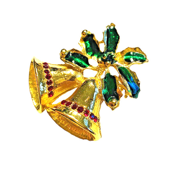 Vintage Christmas Brooch Goldtone Bells Motif Festive Holiday Pin Green Holly - Picture 2 of 6